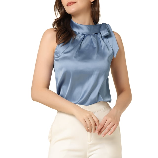 Blusa elegante de satén sin mangas con lazo y cuello de pajarita para mujer Gris Azul XS