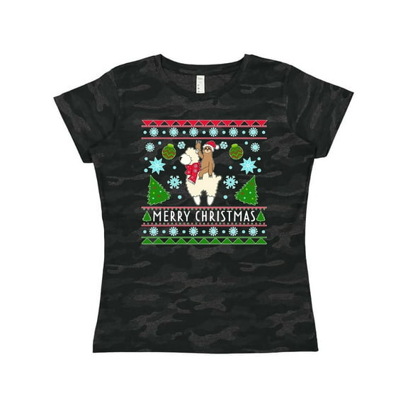 Inktastic Merry Christmas Sloth and Llama Ugly Sweater Style Women's T-Shirt