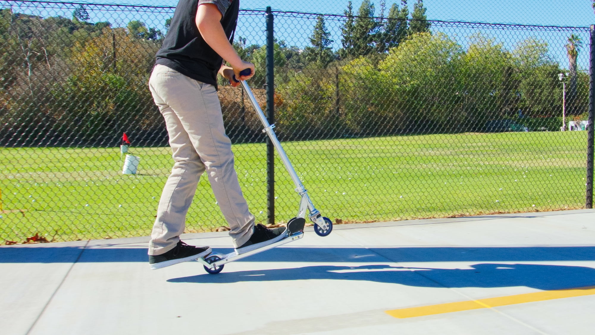 Razor A2 Kick Scooter for Kids - Wheelie Bar, Front Suspension, Lightweight, Foldable, Aluminum Frame, and Adjustable Handlebars