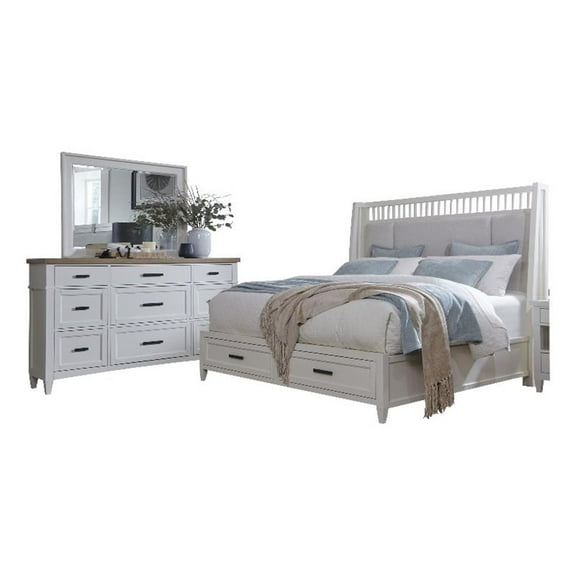 Pemberly Row Bedroom Queen Shelter Bed with Dresser and Mirror