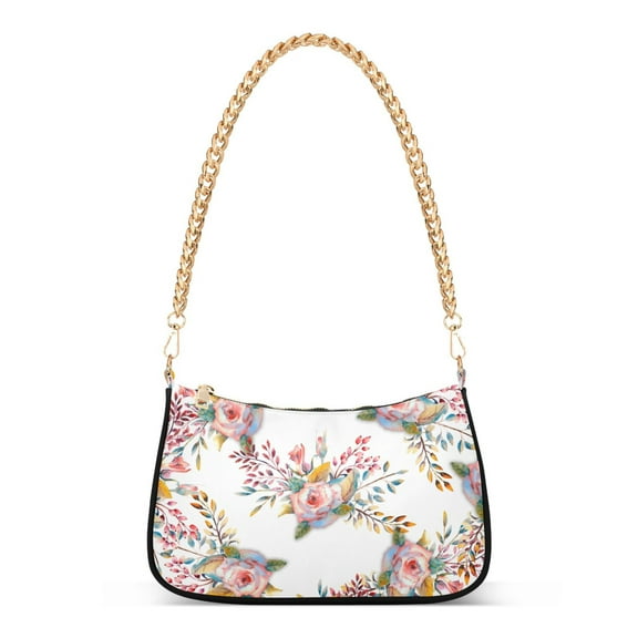 Womens Chain Shoulder Bag Pink Rose Flower Green Leaves Classic Tote Handbags Fashion Clutch Hobo Purse with Zipper for Travel Casual