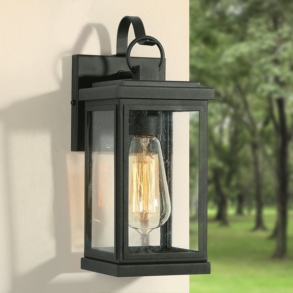 LNC Modern Square Black Outdoor Wall Sconce 1-Light Textured Black Lantern Sconce with Seeded Glass