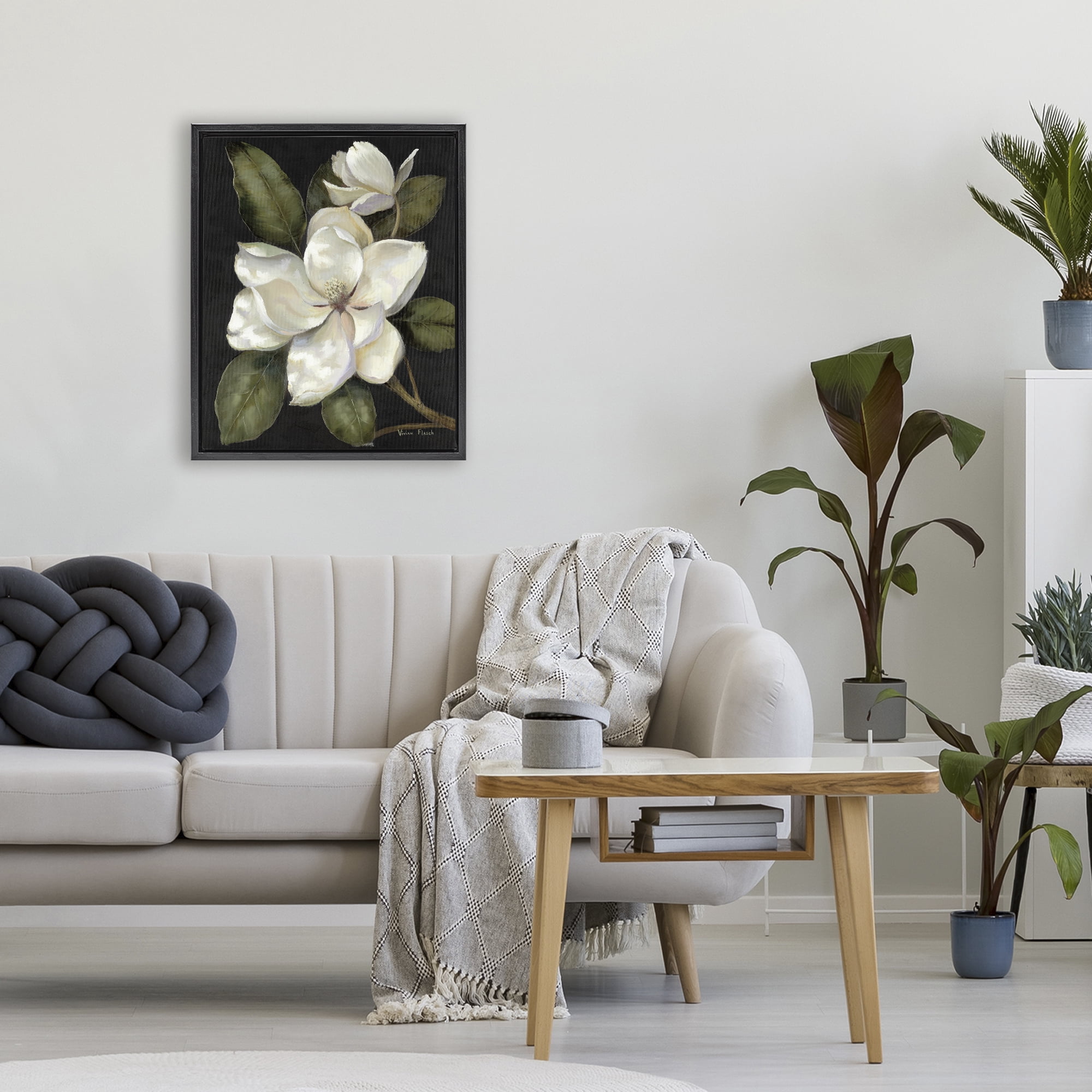 Stupell Industries Blooming Magnolia Buds Black Framed Floater Canvas Wall Art, design by Nan