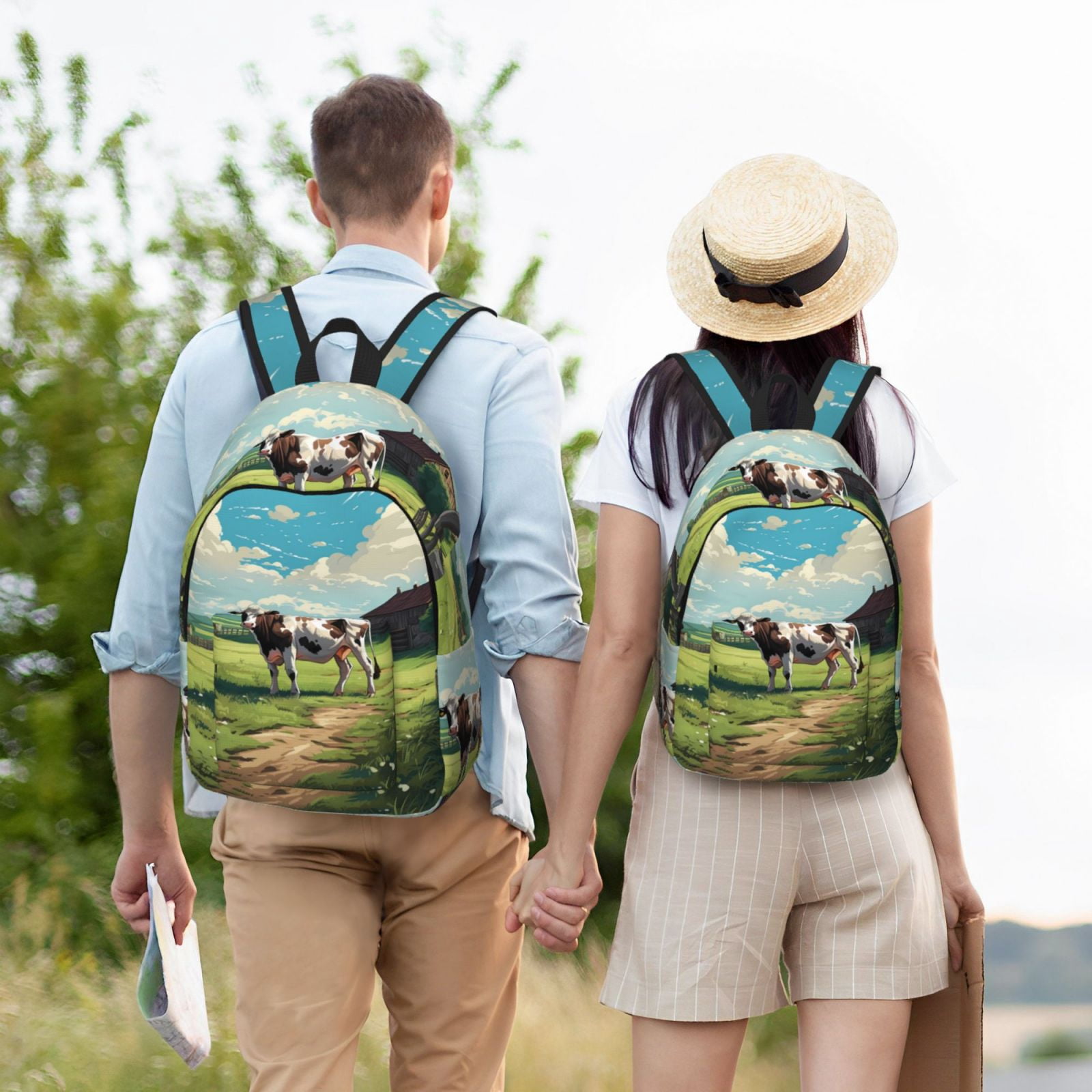 Picia Prairie Pasture Cow Printed Canvas Daypack - Stylish and Durable Vintage Compact Backpack - Class, Work, Travel, or Laptop Bookbag,Organized Compartments-Medium