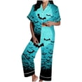 thumbnail image 2 of Pijama de manga corta con cuello vuelto para mujer, con bolsillos y estampado de Halloween, cintura elástica, de poliéster, 2 of 5