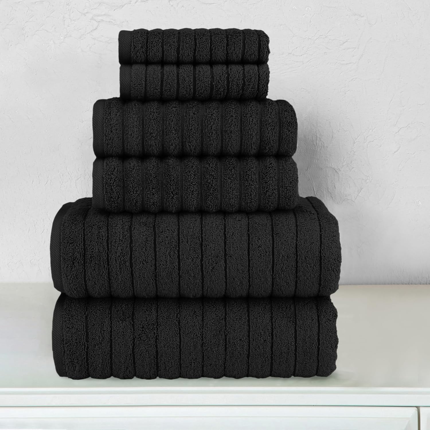Elegant Comfort 100% Turkish Cotton Corduroy Ribbed Luxury Bath Towels 6-Piece Set, Premium Feel - Quick Dry, Highly Absorbent, Contains 2 Bath Towels, 2 Hand Towels, and 2 Washcloths, Black