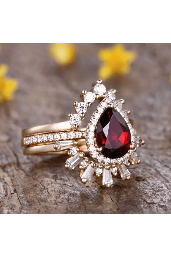 Open Pear Red Garnet Emerald Ring Womens in14k Yellow Gold Stacking Ring Enhancer For Her - January Birthstone Ring
