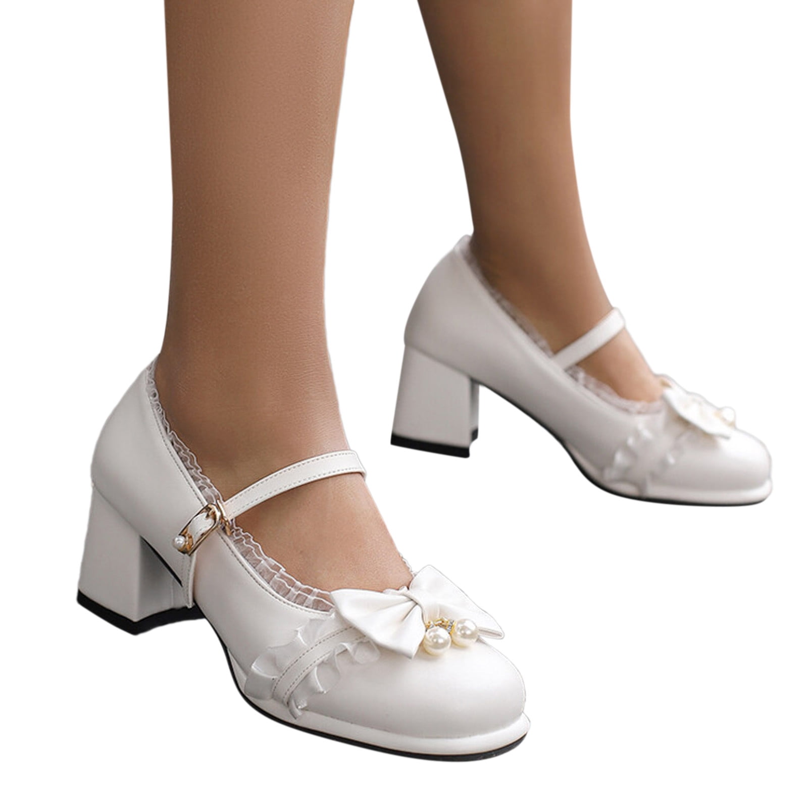 XIAQUJ Ladies Retro Single Shoes Heel Mary Jane Shoes Bowknot
