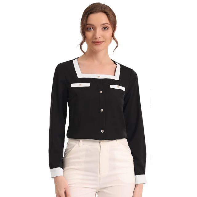Blusa de cuello cuadrado elegante de manga larga de color de contraste de camisa de trabajo para mujer Negro XL