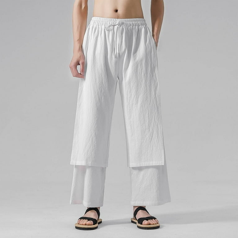 Men's Linen Pants Tang Suit Drawstring Beach Loose Straight