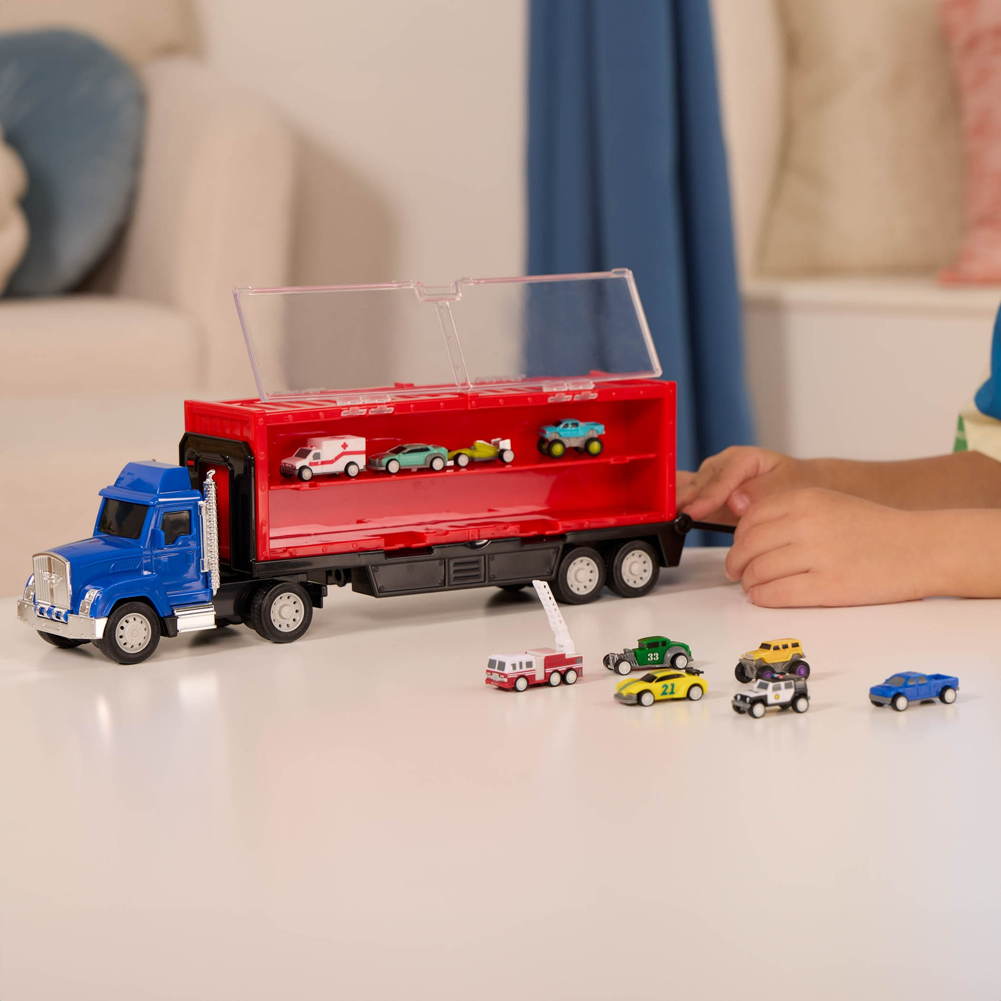 Driven by Battat 13-Piece Pocket Carrier Truck with 10 Cars Launcher and Storage 13.38 inches for Kids 3 Years Old