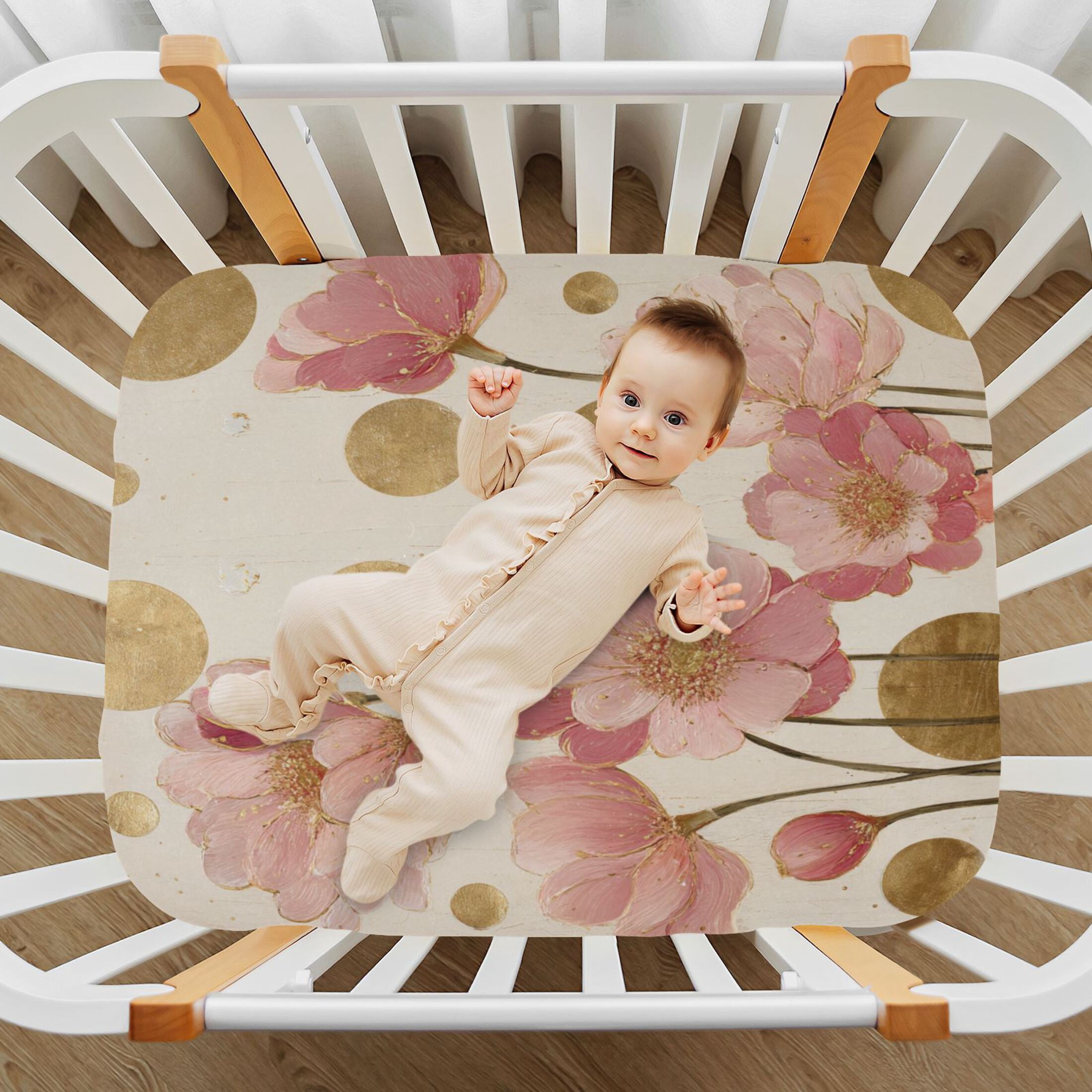 Baby Essentials 52”x 28”- Standard Cotton-like Modal Elastic- Pink-gold Design Crib Sheets for Newborns and Toddlers