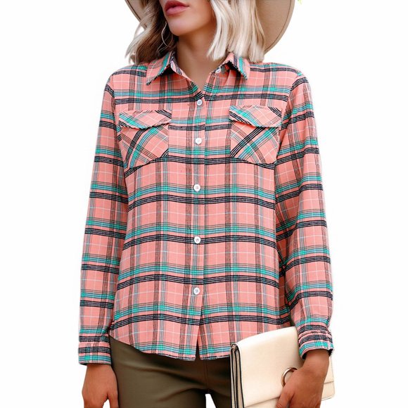 Ailaofu Women's Cotton Plaid Button Down Shirts Classic Collar Loose Long Sleeve Checkered Blouses with Chest Pockets