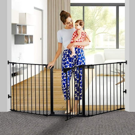 Condition photo showing New/Like New for KingSo 33"-80" Extra Wide 30" Tall Adjustable Auto Close Metal Pressure Open Area Baby Gate with Swing Door For Doorway Stairs, Long Large, Black