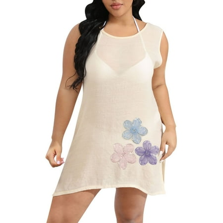 Taqqpue Beach Vacation Clothes for Women Loose Sleeveless Swimwear Cover Up Floral Beach Dress for Bikini Swimsuit Casual Flowy Vacation Outfits Sundress Max Round Neck Bathing Suit Cover Up