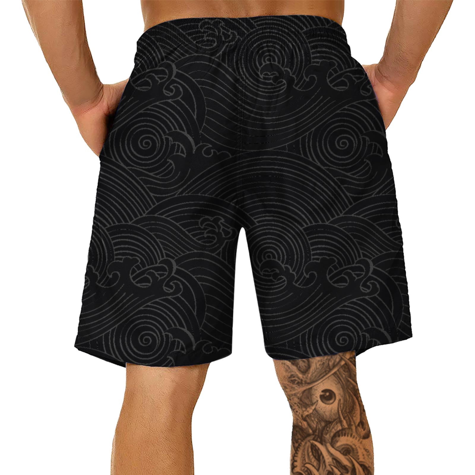 Leisue Hand Drawn Cartoon Lotus Quick Dry Elastic Lace Boardshorts Beach Shorts Pants Swim Trunks Mens Swimsuit with Pockets