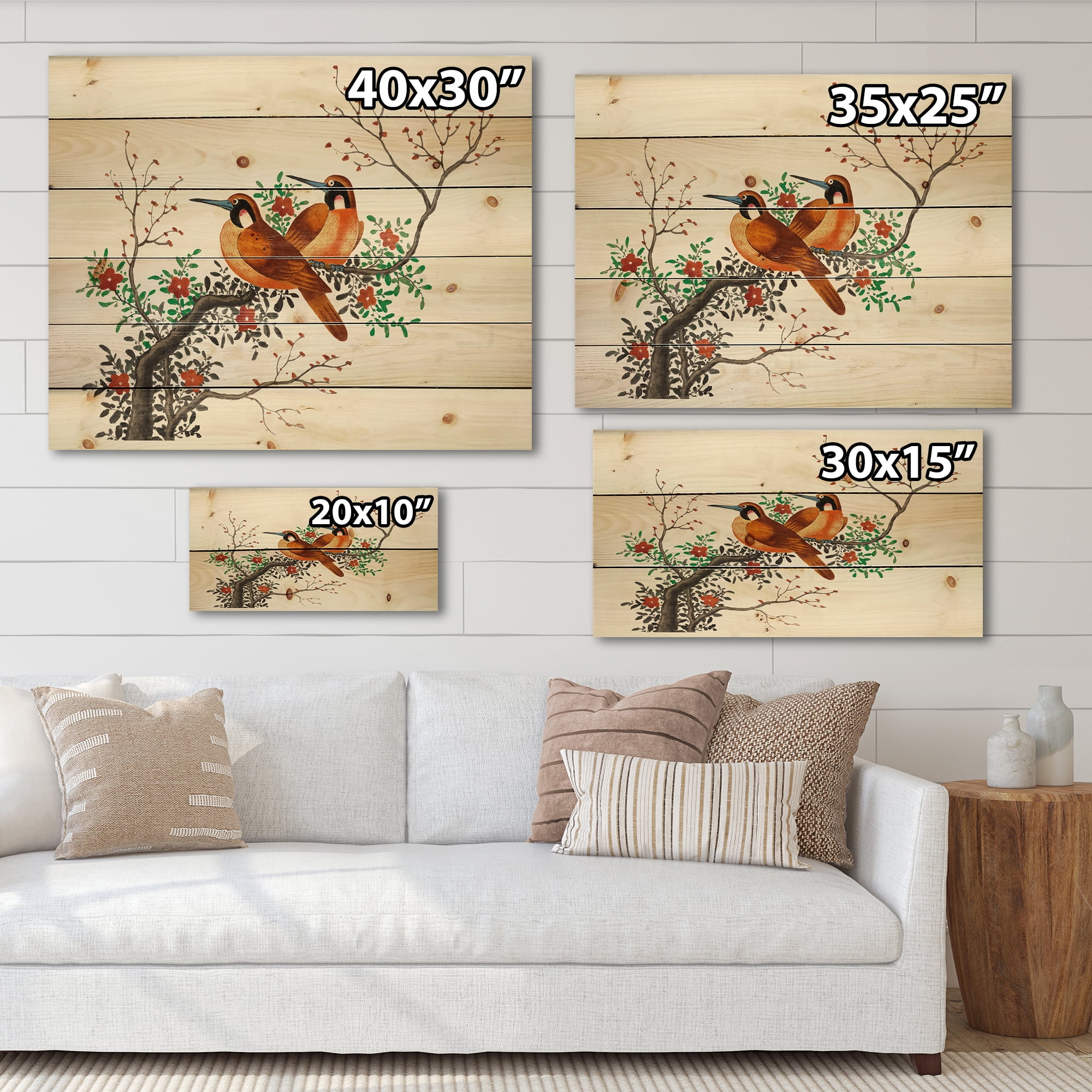 Designart 'A Flowering Tree Branch With Two Chinese Birds' Traditional Print on Natural Pine Wood