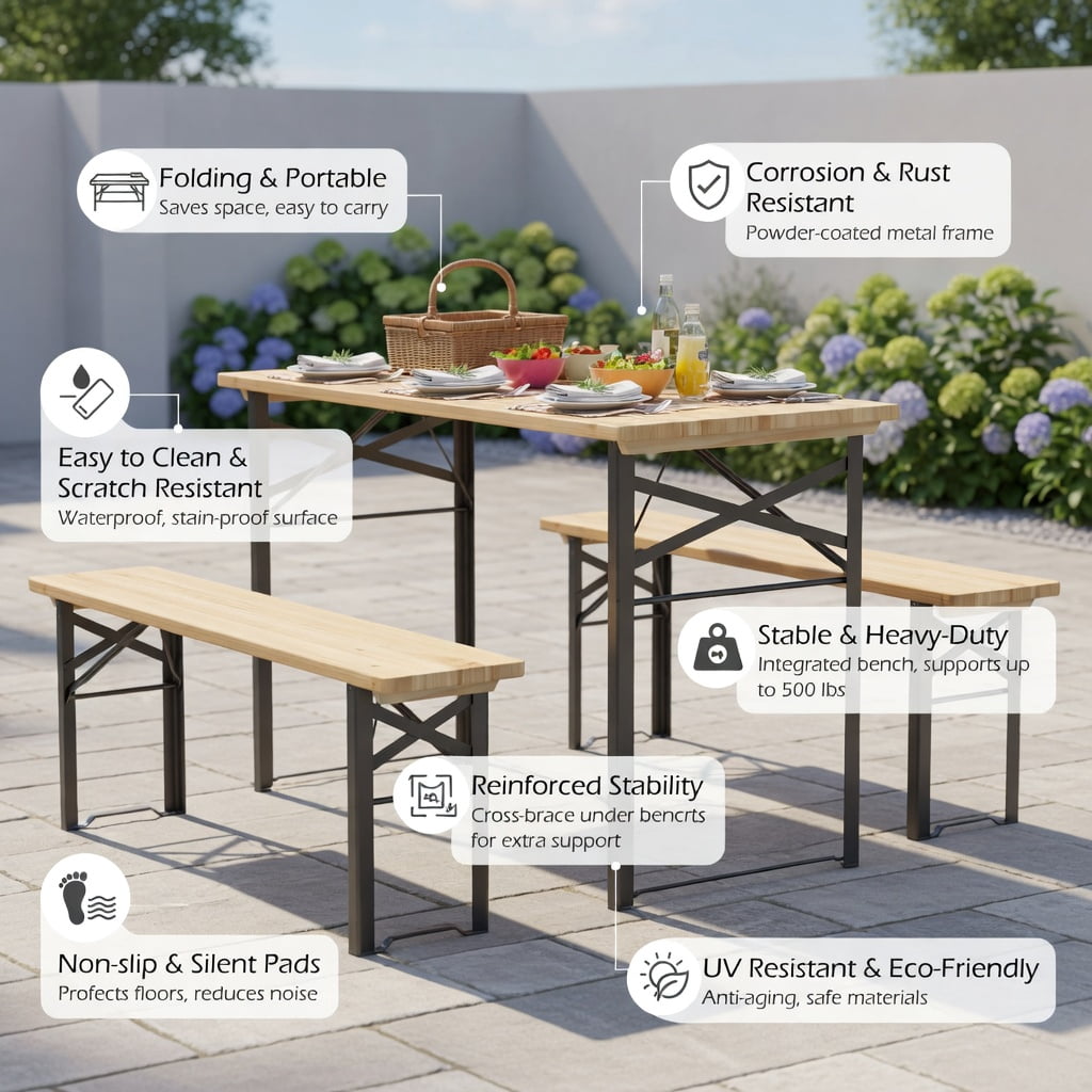 Hommoo 70 Inch Foldable 3-Piece Picnic Table Set with Benches for 6, Fir Wood & Metal Outdoor Patio Table, Black & Natural