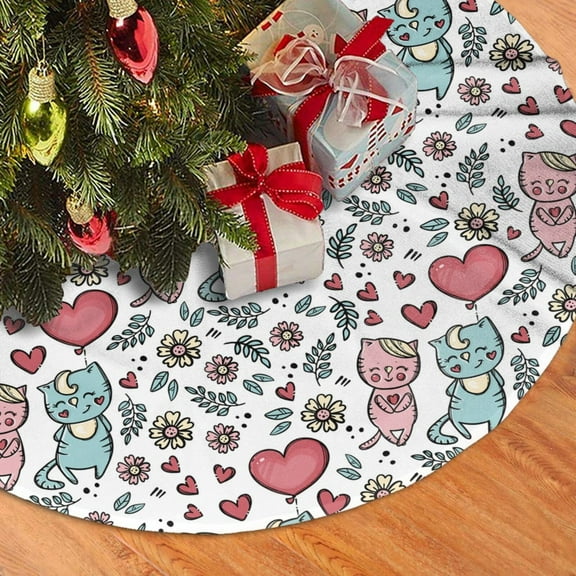 Christmas Tree Skirt, Cute Cartoon Couple Cat Heart Soft Plush Christmas Tree Decorations Indoor, Tree Skirts Mat for New Year Halloween Holiday Christmas Party Decor 30"