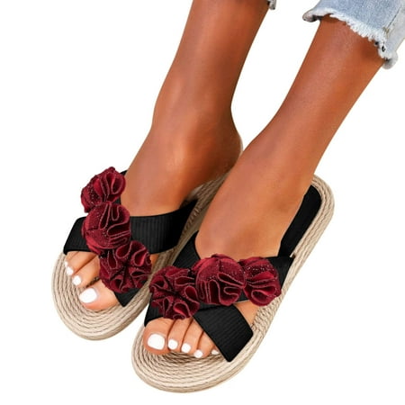 

Women Flat Flowers Slippers Floral Beach Slippers Slip On Fashion Slippers Flat Open Toe Summer Casual Fashion Sandals Beach Slippers PU Dress Sandals for Women Red