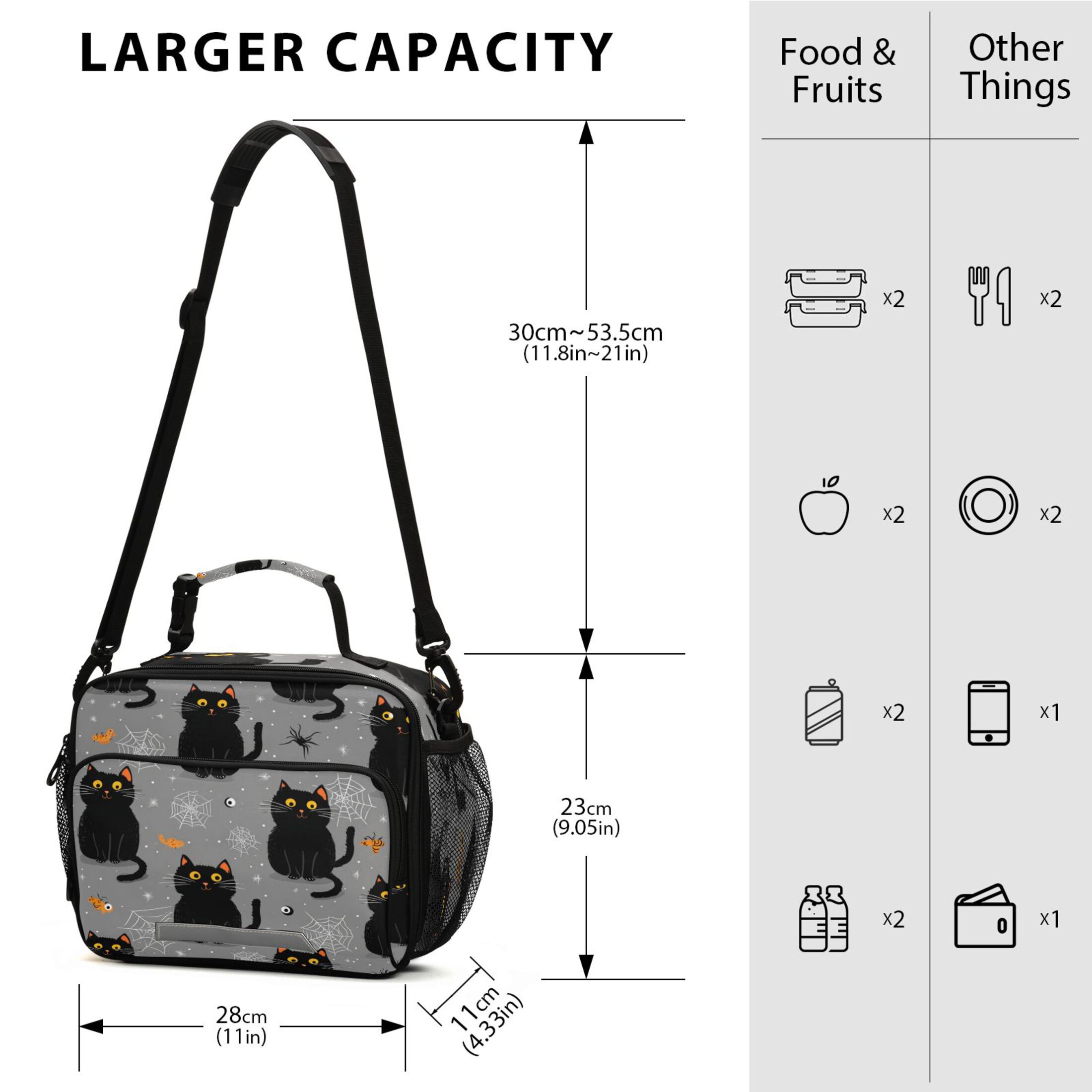 Insulated Lunch Bag 6L Leak-Proof Lunch Box with Shoulder Strap Multiple Pockets Lunch Tote Black Cat and Spider Web