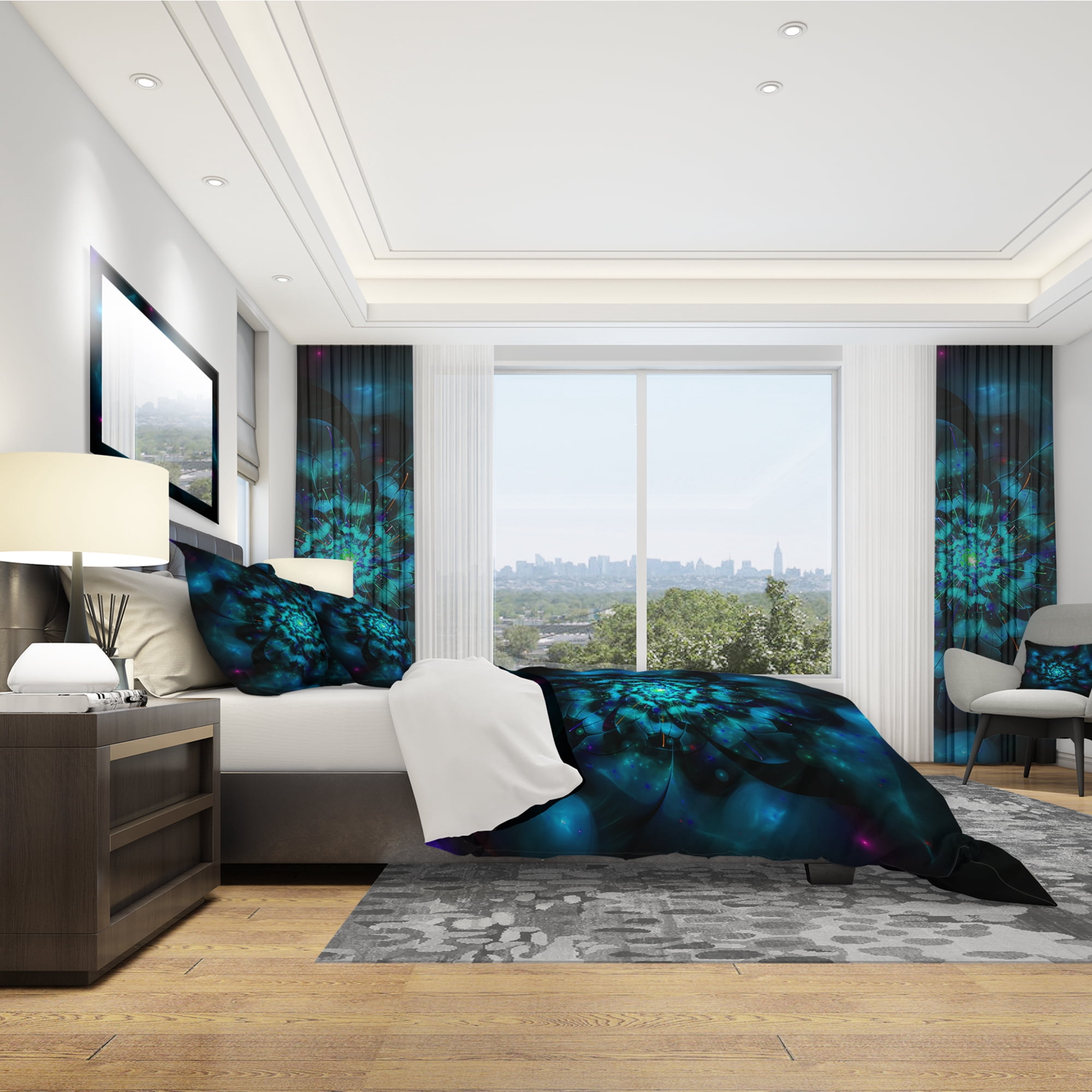 Designart 'Perfect Fractal Flower in Black & Blue' Modern & Contemporary Duvet Cover Set