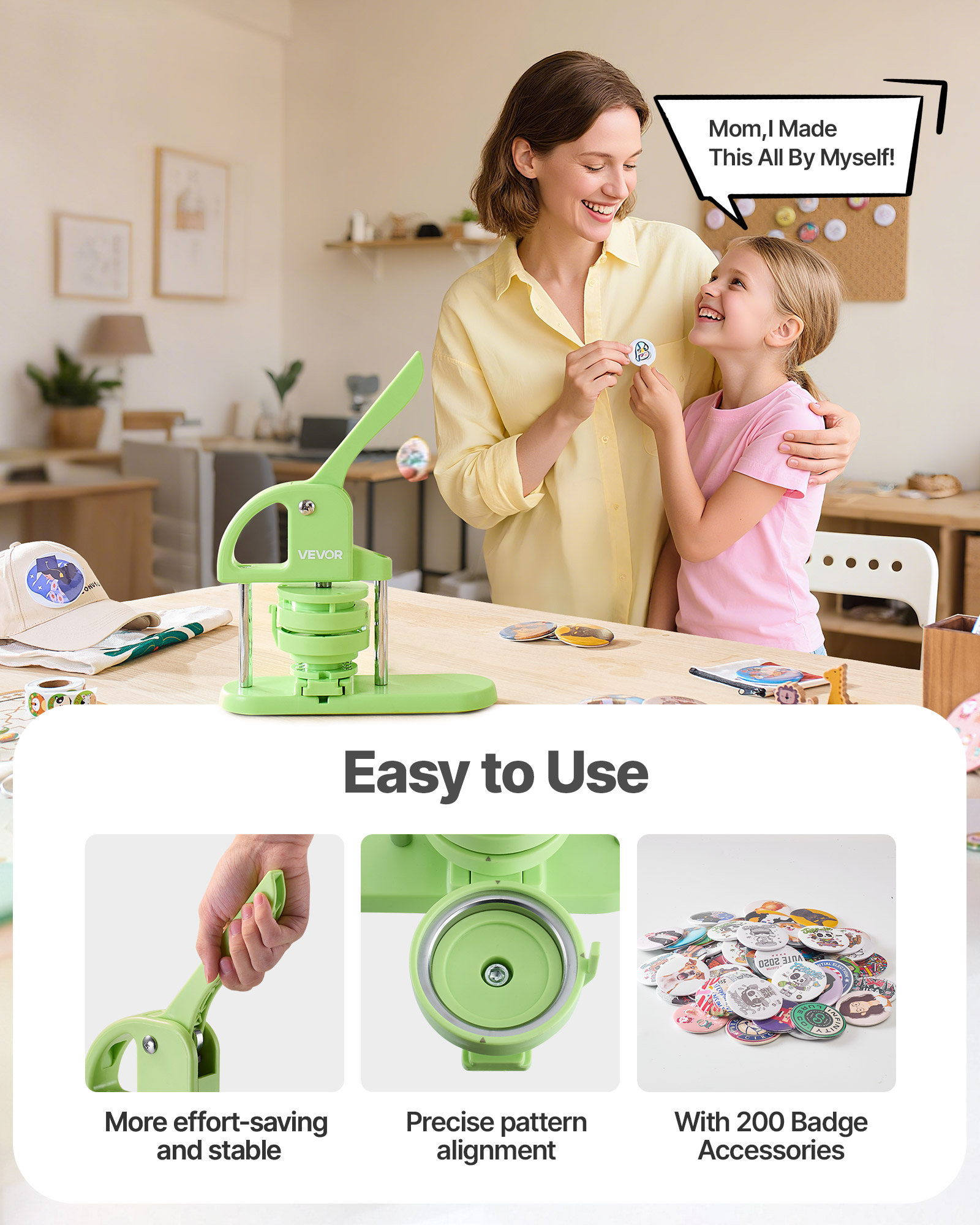 VEVOR Button Maker Machine, 2.28/2.95 inch 2-in-1, Plastic Pin Maker with 200 pcs Button Parts, Circle Cutter and Magic Book, Reinforced Ergonomic Handle, for DIY Badges, Personalized Pins, Green