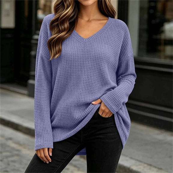 QUNYINEY Waffle Going Out Tops for Women Casual Long Sleeve Shirts V Neck Loose Fit Solid Fall Pullover Womens Blouse S-5XL