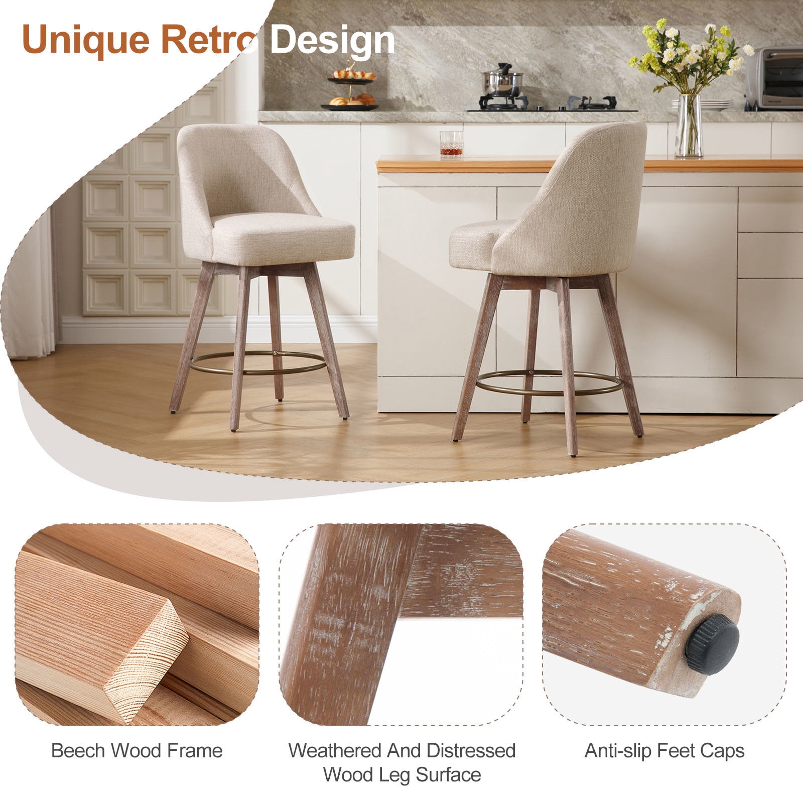 ANMINY Counter Height Bar Stools Upholstered Linen Fabric Swivel Barstools, Set of 4, 26" Seat Height with Back Mid-Century Chairs Island Stools for Home Bar Kitchen Pub