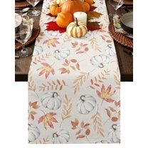 Table Runner Dresser Scarves 70 Inch Long, Autumn Watercolor White Pumpkin Linen Dining Table Runners Fall Maple Leaves on Burlap Cotton Tabletop Scarf for Wedding Holiday Party Kitchen