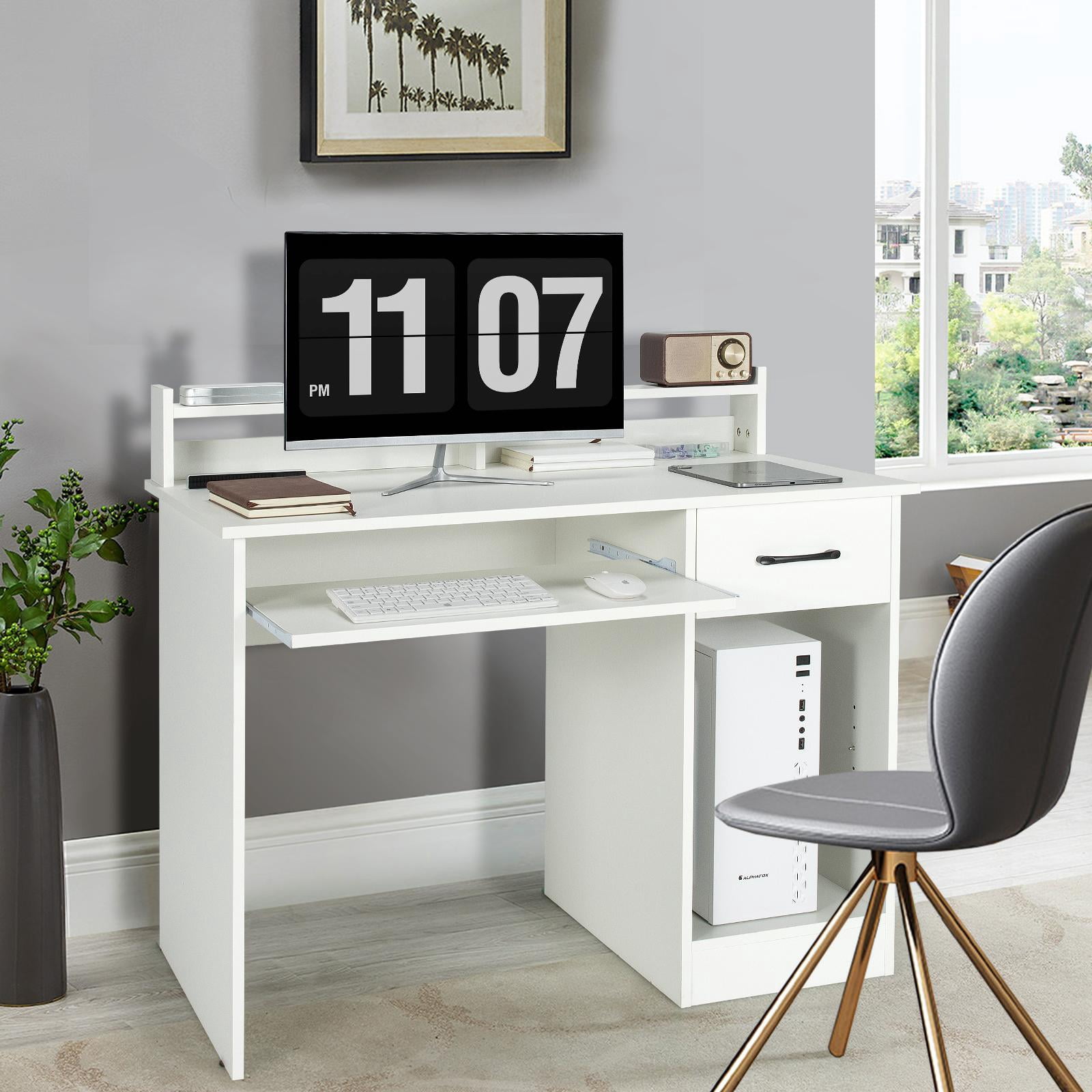Giantex  Computer Desk, Home Office Desk w/Adjustable Shelf & Keyboard Tray, tudy Writing Desk, White