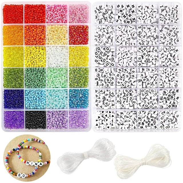 Kit de abalorios para manualidades, 10800 abalorios de cristal de 0.118 in y 1200 abalorios de letras para pulseras de la amistad, fabricación de joyas, collares y llaveros con 2 rollos de cordón. Namotu WMZL-1615