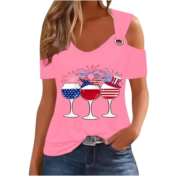 Tops de Hombro Frío para las Mujeres Día de la Independencia Impreso Fuera Del Hombro Blusa con Cuello en V, Fuera Del Hombro de las Mujeres