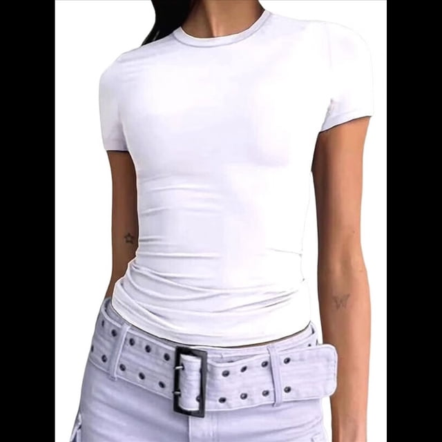 Camisetas Básicas de Verano para Mujer, Corta, Cuello Redondo, Corte Entallado, Bonitos Jerséis Cortos M