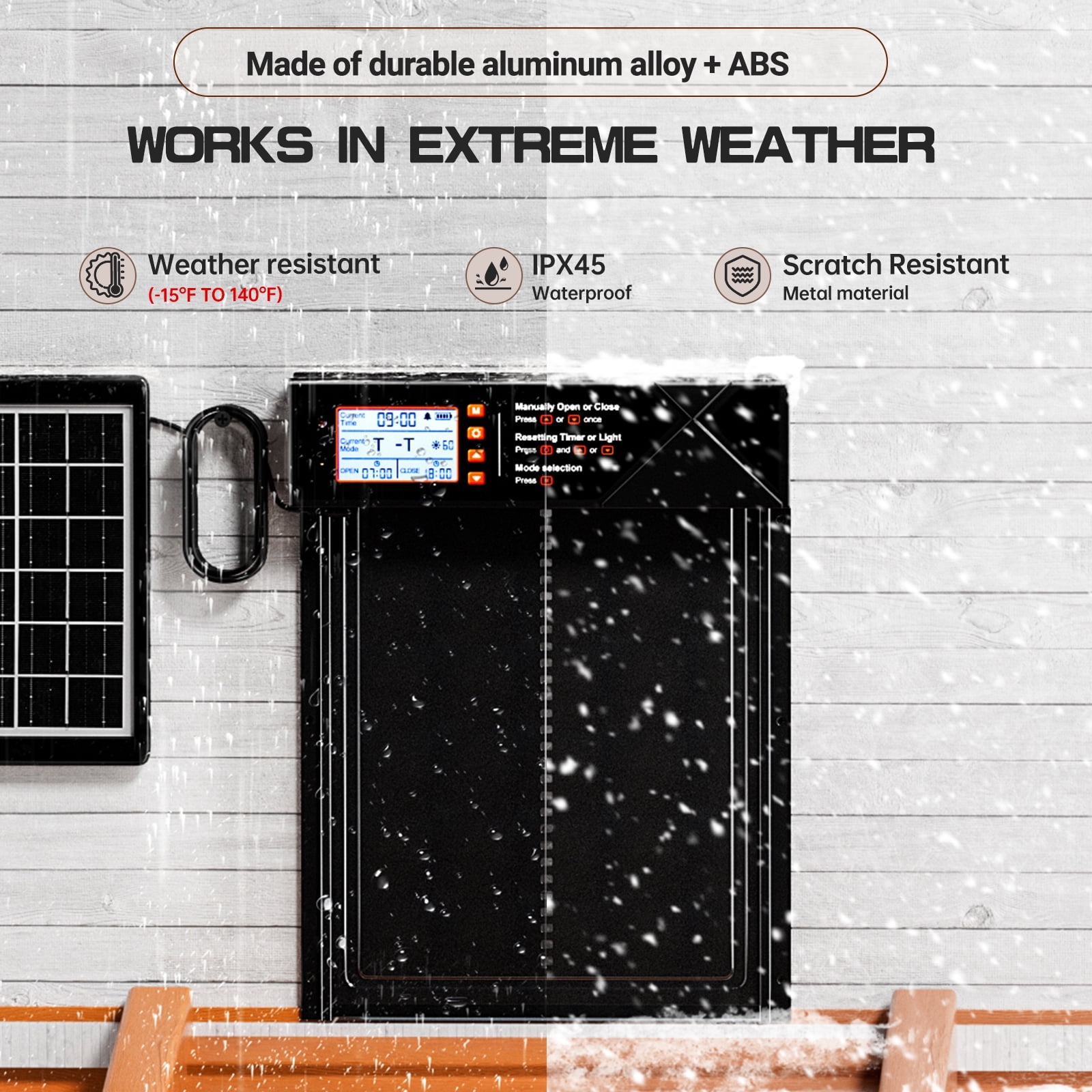 Automatic Chicken Coop Door Solar Powered with Timer & Light Sensor, Remote Control, LCD Display, Anti-Pinch & Alert, 4 Modes Aluminum Alloy Auto Chicken Coop Door Solar, Upgrad Large Door