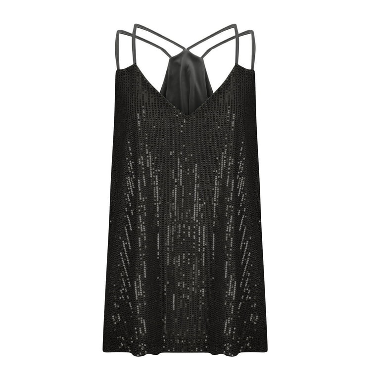 Womens Plus Size Sequins Tank Tops Sexy V Neek Sparkle