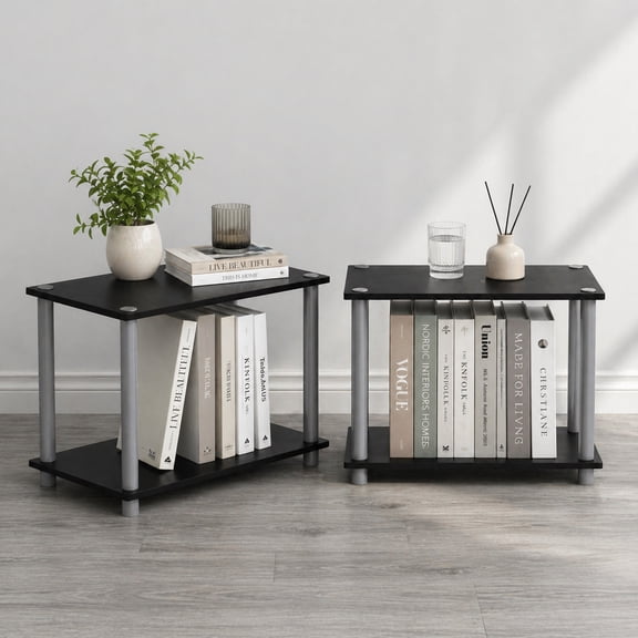 Furinno TURN-N-TUBE Side Table Set of 2, 2-Tier Modern Rectangle End Table with Open Shelf, Night Stand, Bedside Table, Toolless Assembly, for Living Room, Bedroom, Black