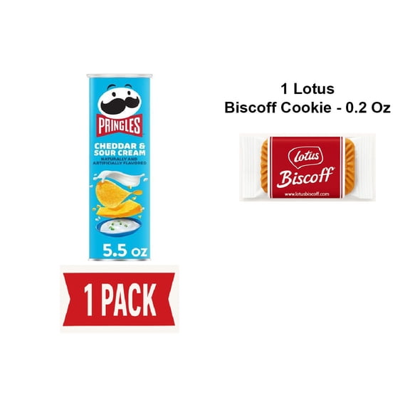Pringles Potato Crisps Chips, Lunch Snacks, On-The-Go Snacks, Cheddar And Sour Cream, 5.5Oz Can (One Can) - Pack Of 1 & Lotus Biscoff Cookie - 0.2 Oz - 1 ct