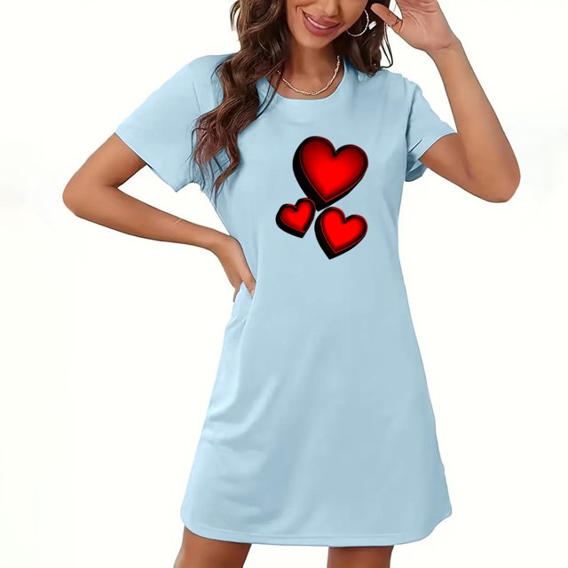 Camisón corto de San Valentín para mujer, talla grande, estampado en el pecho, cuello redondo, manga corta