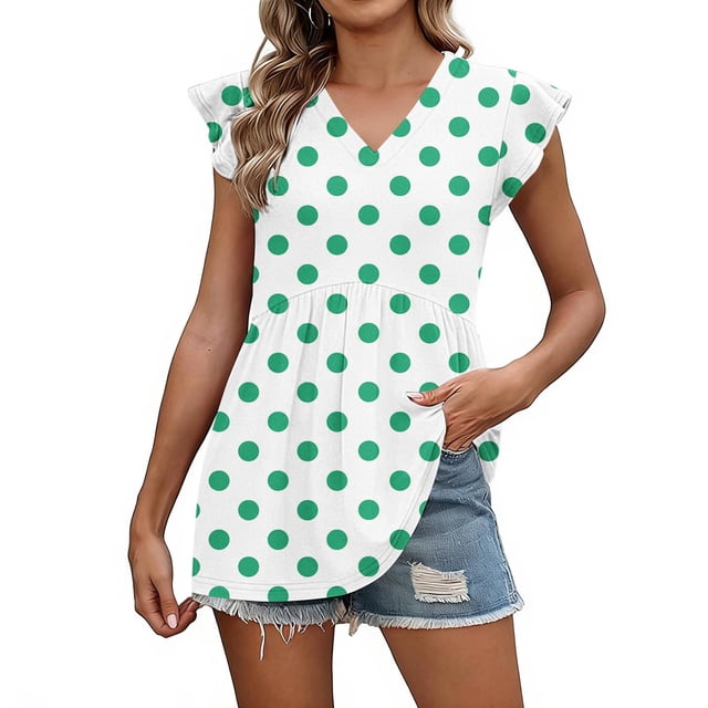 Craaazy Women Casual V Neck Blouse, Polka Dot/Ombre/Check Print Short Sleeve Ruffle Sleeve Top, Loose Fit Comfy T-shirts for Daily Wear Gifts