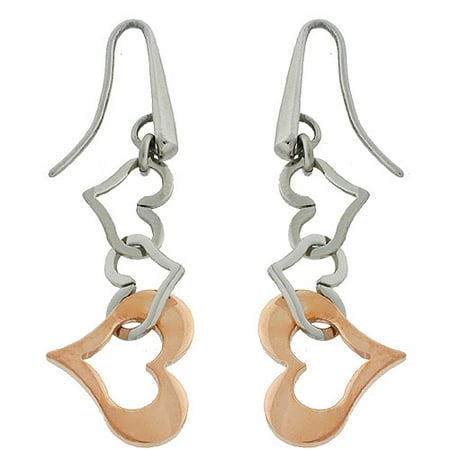 Stainless-Steel and Rose-Colored Drop Heart Earrings