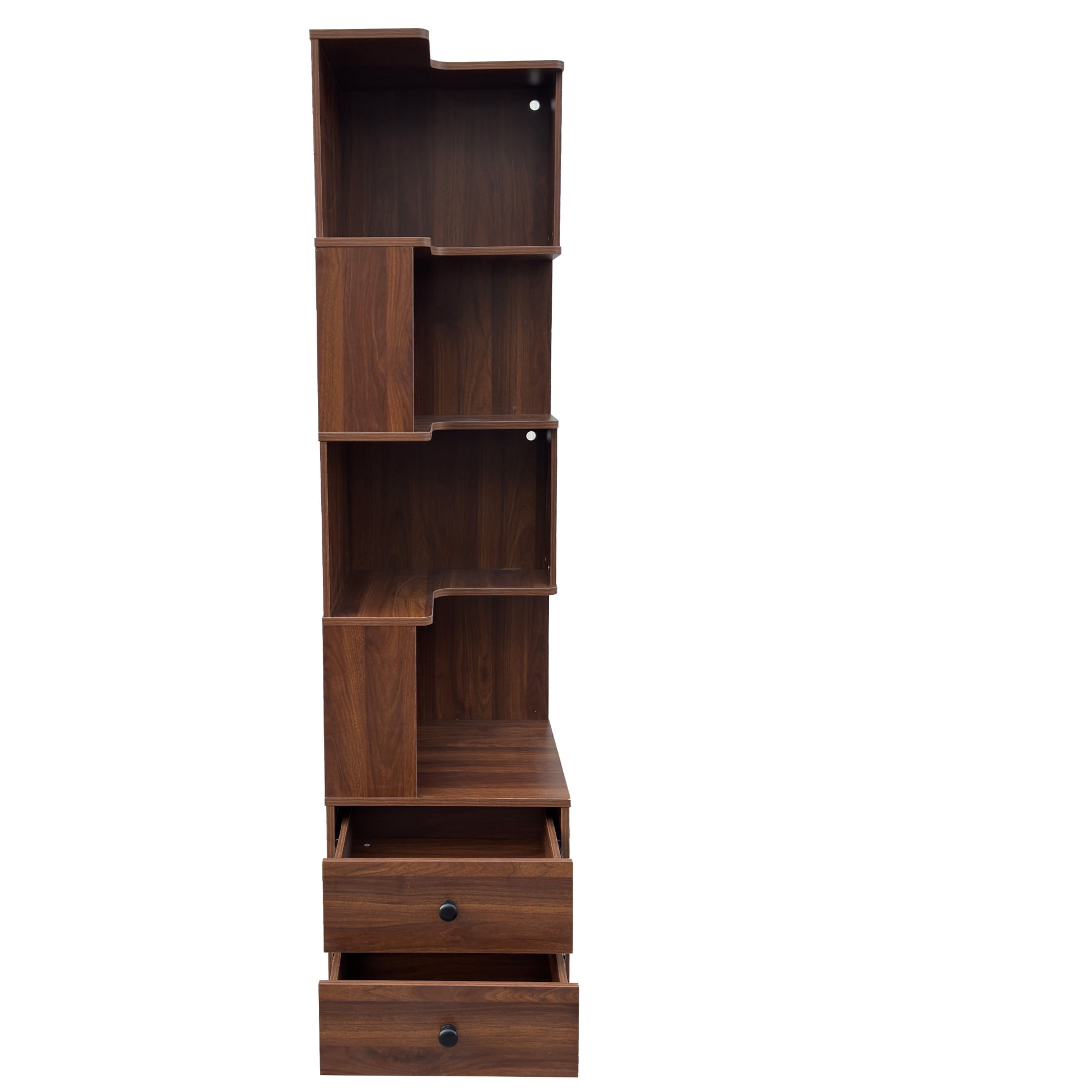 Noble House 4-Tier Corner Bookshelf with Drawers & LED Lights, Freestanding L-Shaped Display Shelf Stand, Walnut