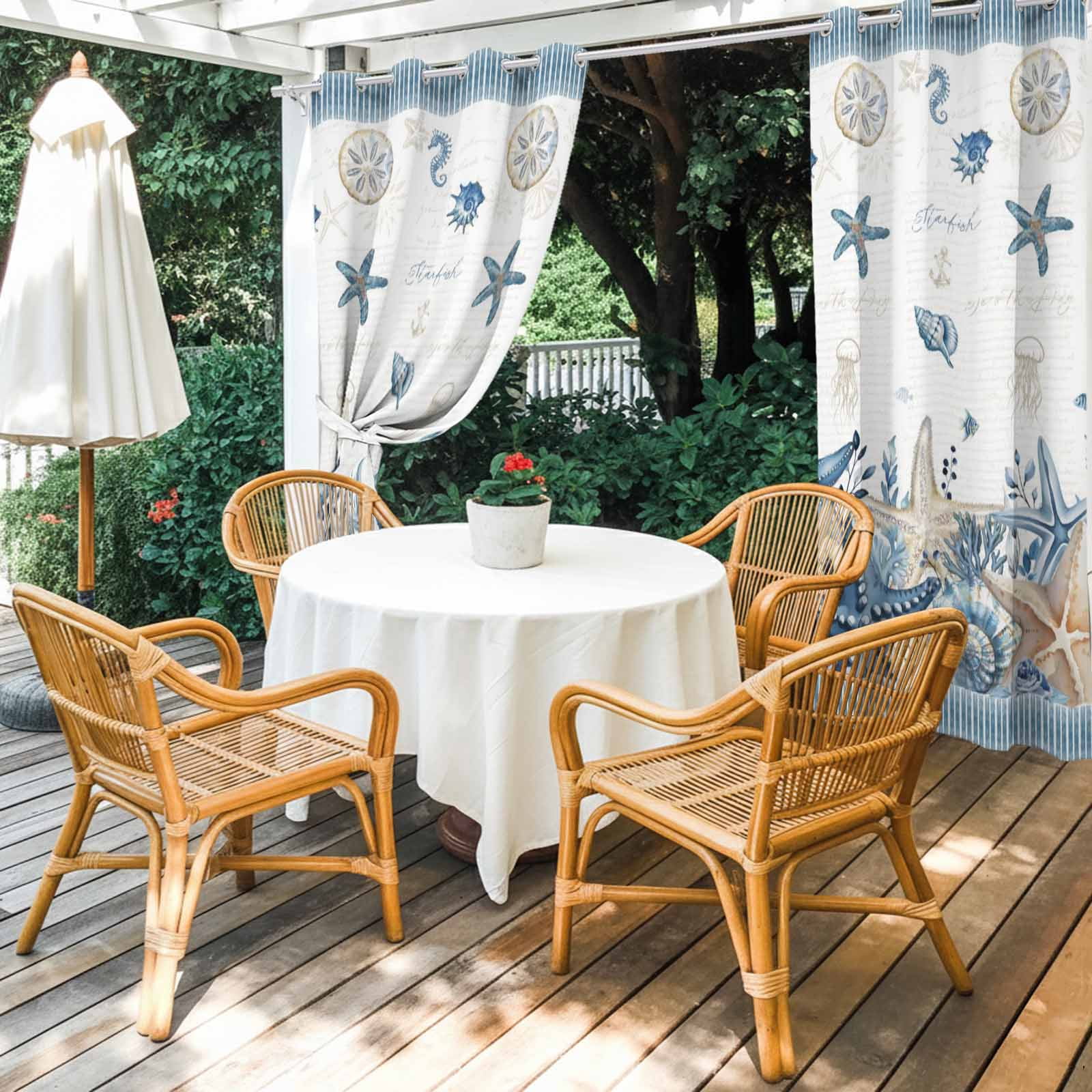 Summer Beach Outdoor Curtains for Patio, Nautical Sea Starfish Seashell Coral Seahorse Blue Stripe Sunshade Privacy Drapes Grommet Waterproof Outside Curtains for Porch Balcony 54"x108", 1 Panel