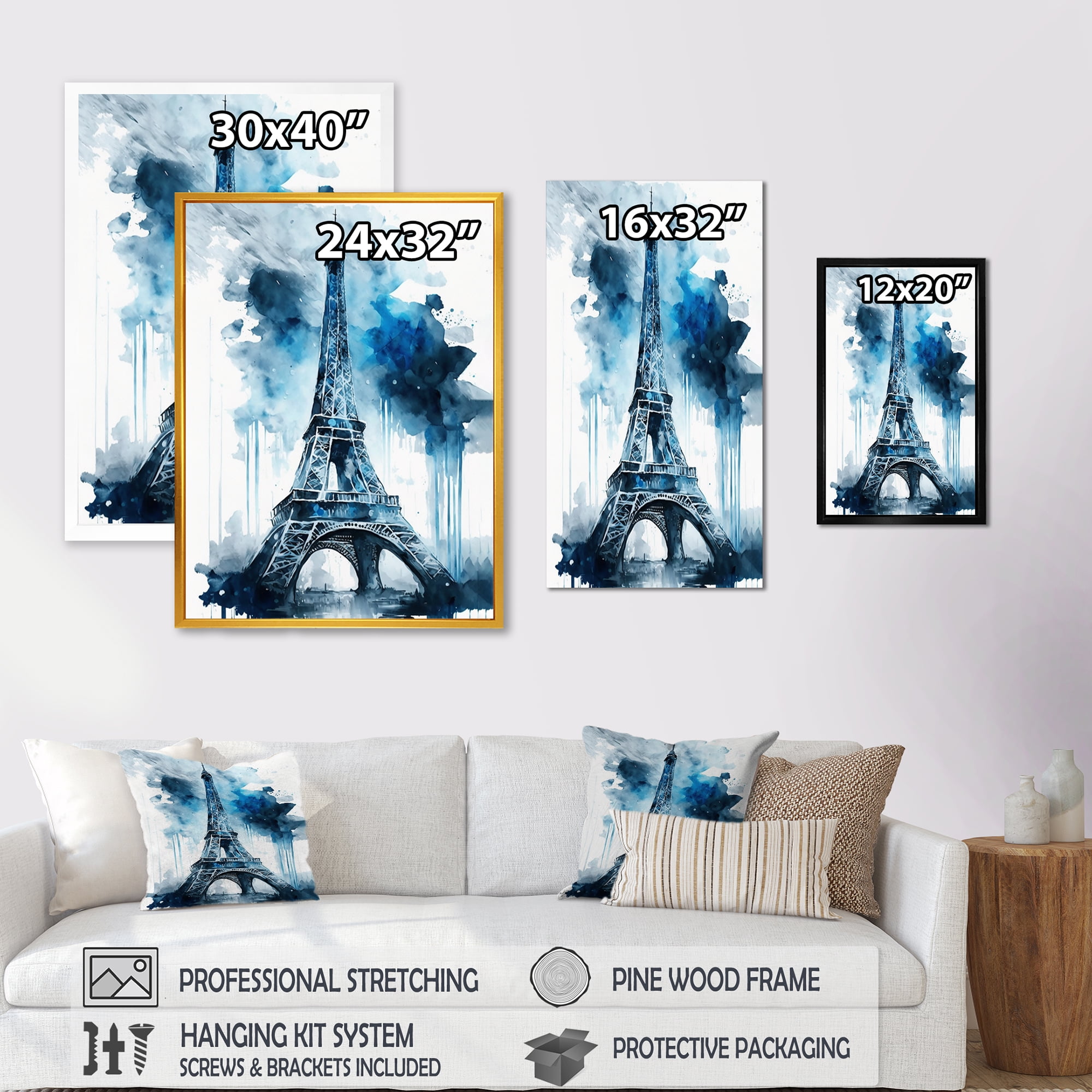 Designart Paris Eiflel Tower Grey And Blue Canvas Wall Art