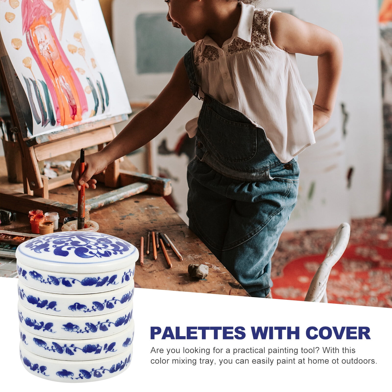 Ceramic Watercolor Palette Tray, Stackable 5-Layer Paint Mixing Trays with Cover Lid for Watercolor Painting, 3.34 x 3.14 Inch
