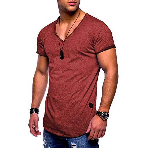behype. Men's Basic V-Neck Casual Fashion Hipster T-Shirt Muscle Longline Tee Casual Premium Top MT-7102 (X-Large, Red (wash))