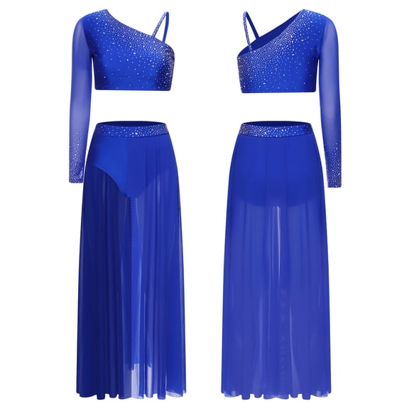 inlzdz Womens Lyrical Dance Crop Top and Maxi Skirt Set Rhinestone Shiny Contemporary Modern Dancewear Royal Blue M