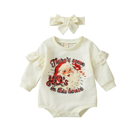 

Seyurigaoka Infant Baby Girls Boys Christmas Bodysuits Santa Claus Letters Print Romper Tops Round Neck Contrast Color Long Sleeve Jumpsuits