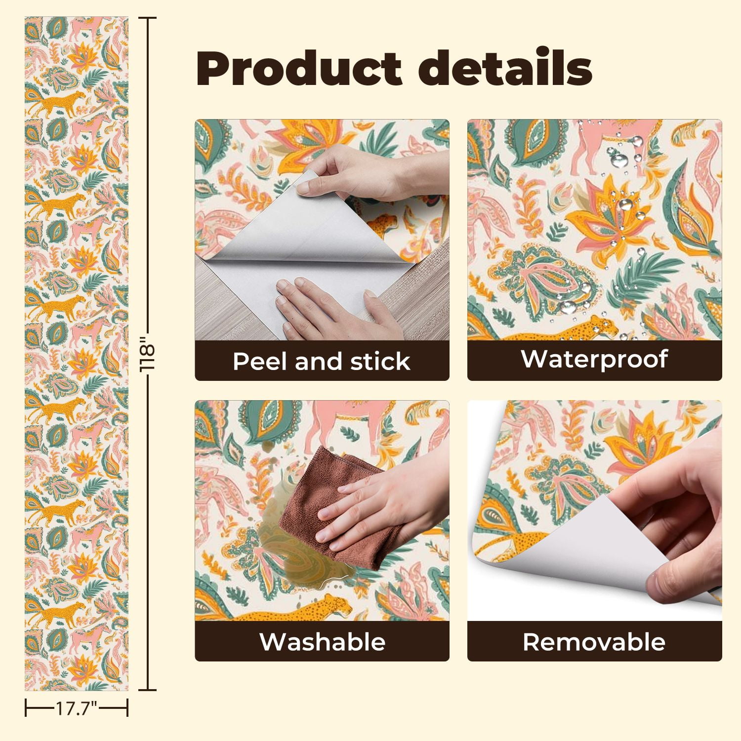 Paisley Peel and Stick Wallpaper 17.7in x 9.8ft Colorful Floral Animal Leopard Horse Illustrations Contact Paper Vinyl Waterproof Self Adhesive Wall Paper for Bedroom Shelf Cabinet Renter Friendly