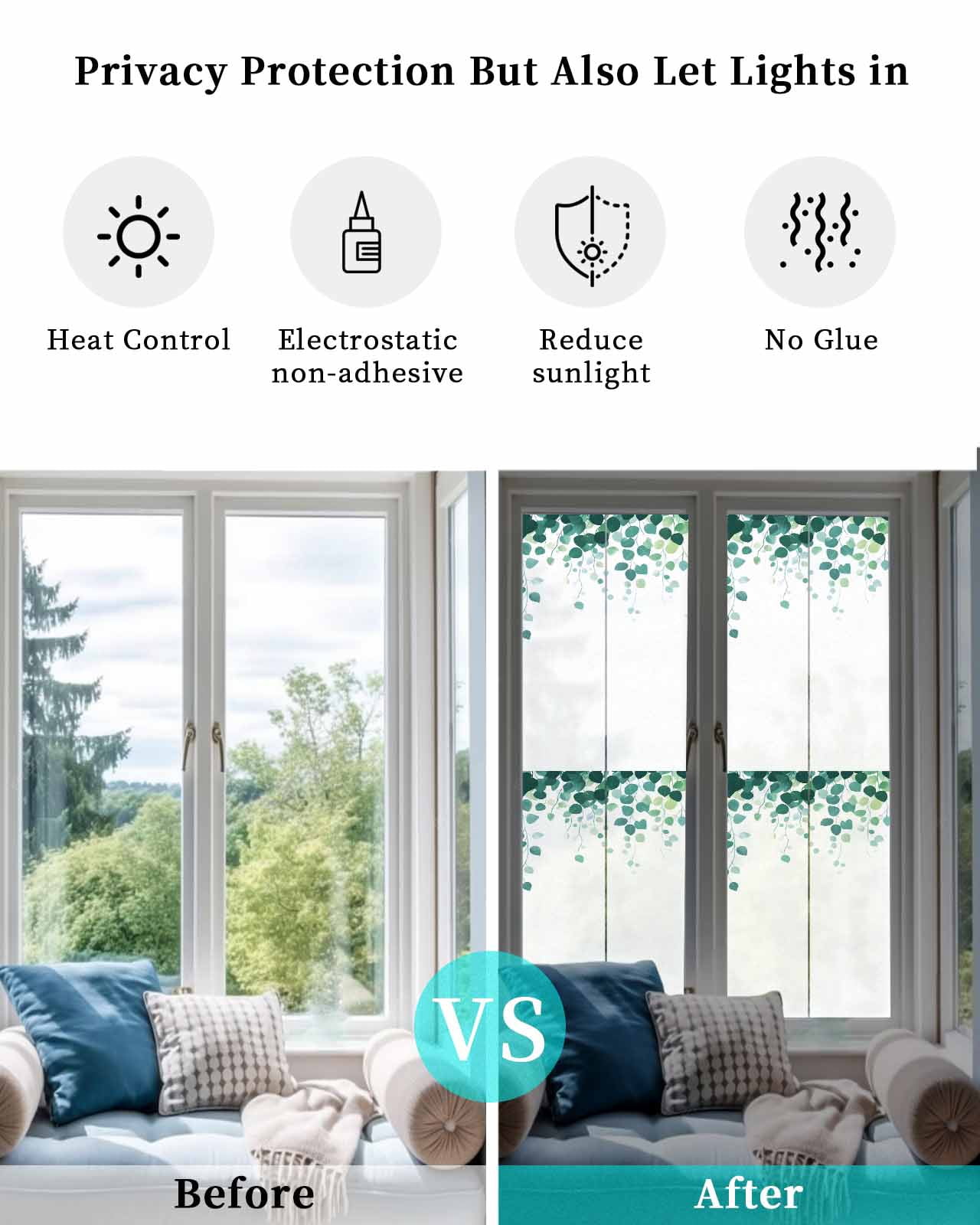 Window Privacy Film Eucalyptus Leaf Stained Glass Window Film Decorative Sun Block Window Cover Simple Spring Green Botanical Vines Window Clings Static Adhesive Sticker for Bathroom 29.5"x118"